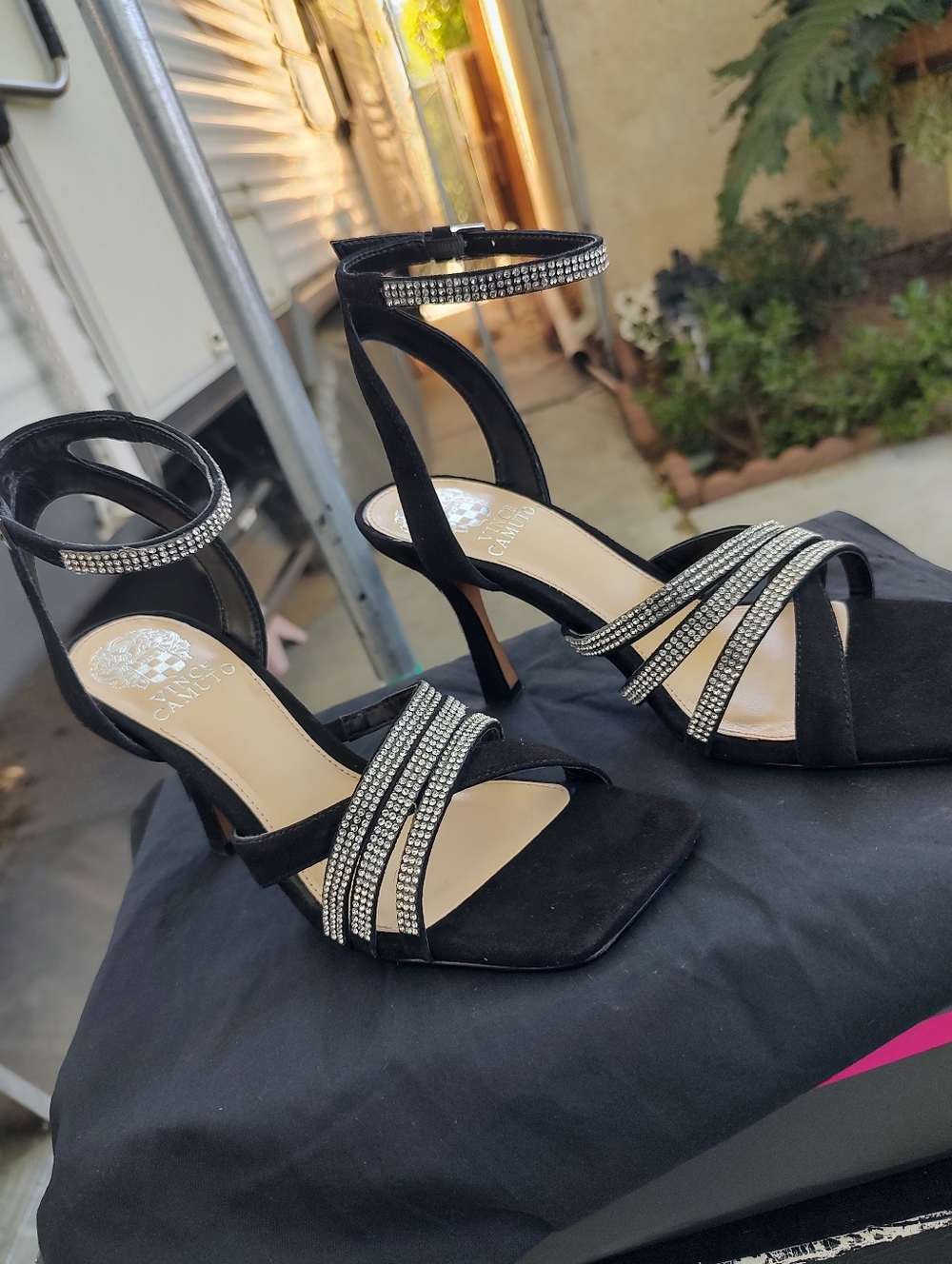 Vince Camuto Black Crystal-Strap Stiletto Sandals with Ankle Cuff